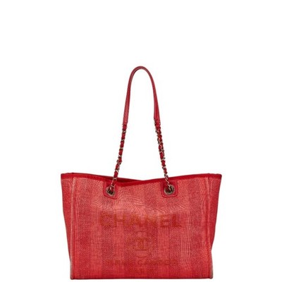 CHANEL Deauville Tote MM Coco Mark Chain Bag in Red Canvas and Lea... GZl1bj61