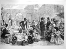 Original Old Antique Print 1872 Garden Party Scene Holland HouseVictorian