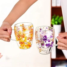 350ml Creative Double High Glass Mugs with Handle Heat insulation Flower 