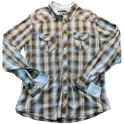 Eighty Eight Mens XL Western Plaid Shirt Blue Brown Gingham Buttons Brown/White