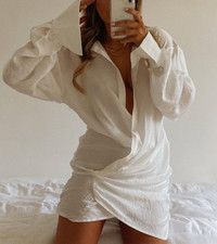 House of CB Dress carys open mini shirt womens White (large) preppy sexy resort