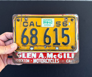 Vintage GLEN A. McGILL Motorcycle Dealer Stockton CA PORCELAIN License FRAME