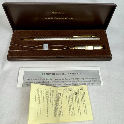 Vintage Quartz Pendant Watch and Pen Set By Advance Directions Silver Gold Tone