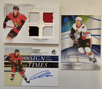 3 Thomas Chabot 2019-20 Cup Foundations quad jersey, SP auto, Signs of Times 72