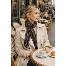 Vintage Navy Polka Dot Scarf Long Parisian Style Yellow White Border