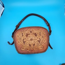 Vintage Purse Leather Hand Tooled Brown Mexican Handbag Floral Embossed Shoulder