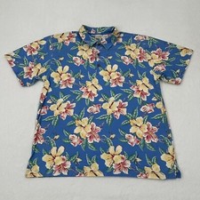 Vintage L.L. Bean Aloha Blue Hawaiian Floral Casual S/S Polo Shirt Mens size XL