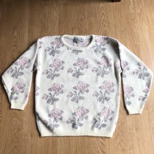Vtg 80s Kate Collins Big Flowers Knit Pullover Sweater M Floral Roses