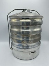 Vintage Aluminum Metal 5 Tier Picnic Basket Pie Stacker W Utensils Made In USA