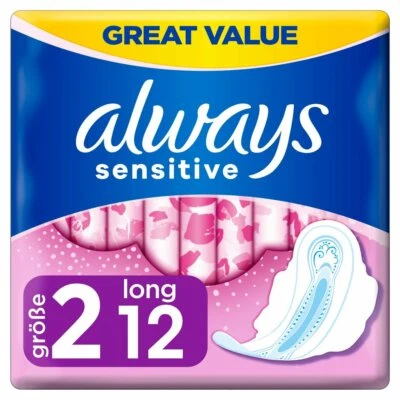 Always Sensitive Long Ultra (Größe 2) Damenbinden mit Flügeln 12er Pack Binden