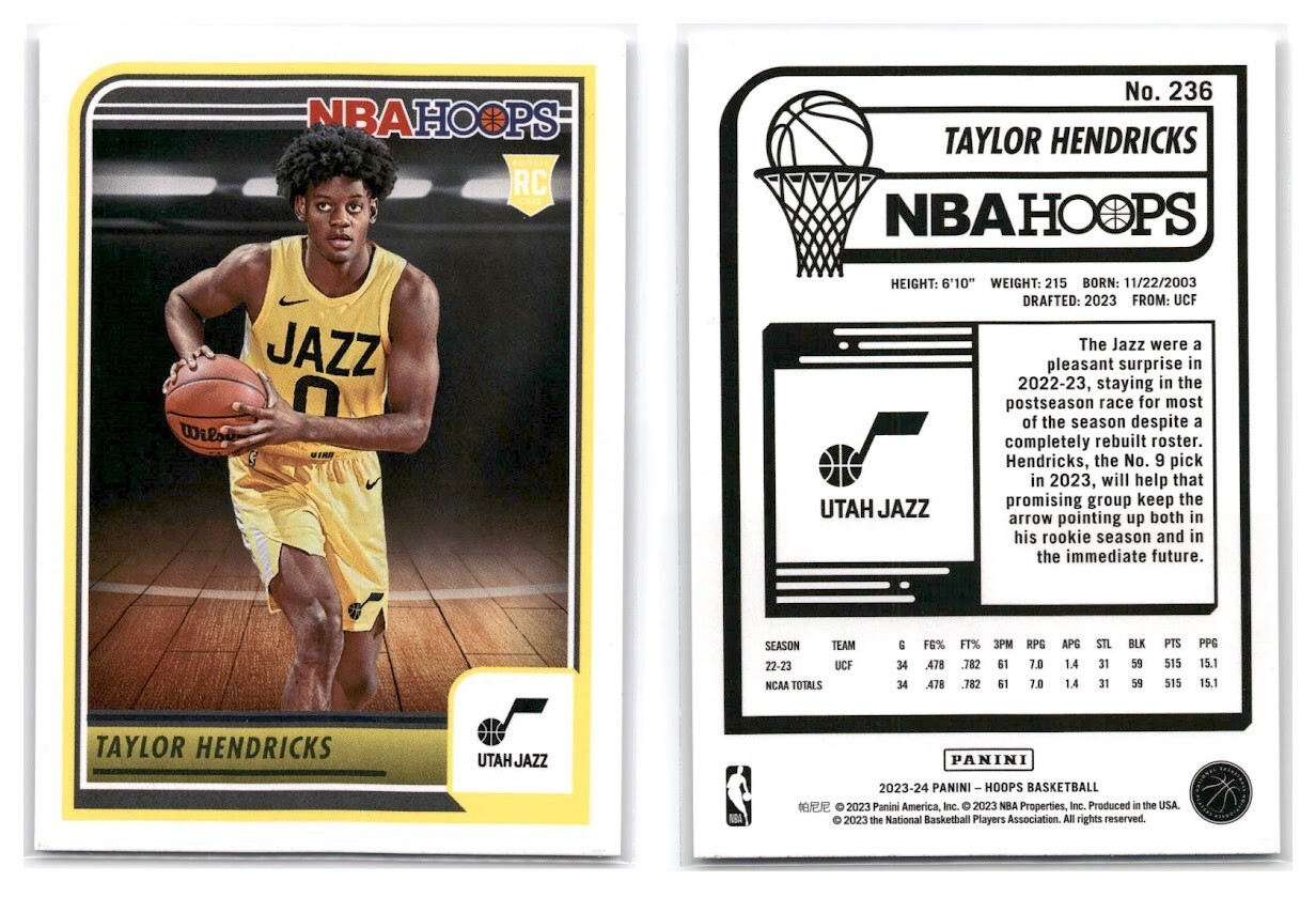 2023-24 Panini NBA Hoops Basketball Taylor Hendricks Base Rookie #236 Utah Jazz