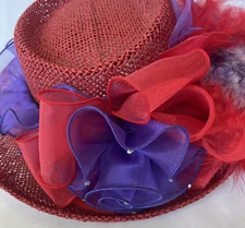 Red Hat Society Women's Wide Brim Band Purple Red Chiffon Ribbon Feathered 14"
