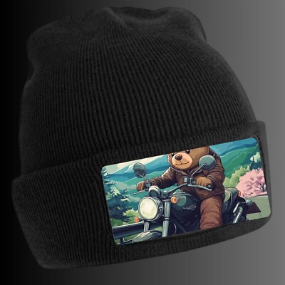 Black Beanie Hat with Cool Teddy Bear Motif - Unisex Cap, Cotton
