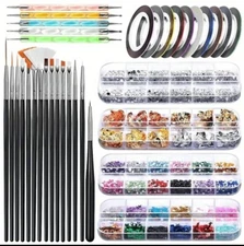 34pc Nail Art Kit 15pc Nail Brush 5pc Dotting Tool 10pc Nail Foil 4pc Sequin