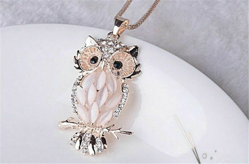 Crystal Opal Owl Pendant Chain Gold Plated Sweater Long Necklace Jewelry Gift - Picture 4 of 9