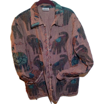 Chico's Design Elephant Patchwork Embroidered Boho Chore Duster Jacket Vtg Orvis