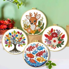 11CT Stamped Cross Stitch Kit for Beginners - 4-Piece Floral Animal Embroid...