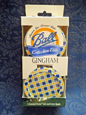 VTG BALL LIMITED EDITION (6) BLUE GINGHAM REGULAR DOME LIDS & BANDS ~ NOS 1998