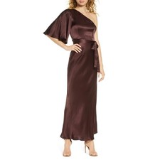 SHONA JOY NWT La Lune One Shoulder Bias Maxi Dress Chocolate Satin Tie Waist- 6