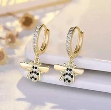 14K Yellow Gold Plated Simulated Diamond Round Cut Bee Shape Dangle Earrings