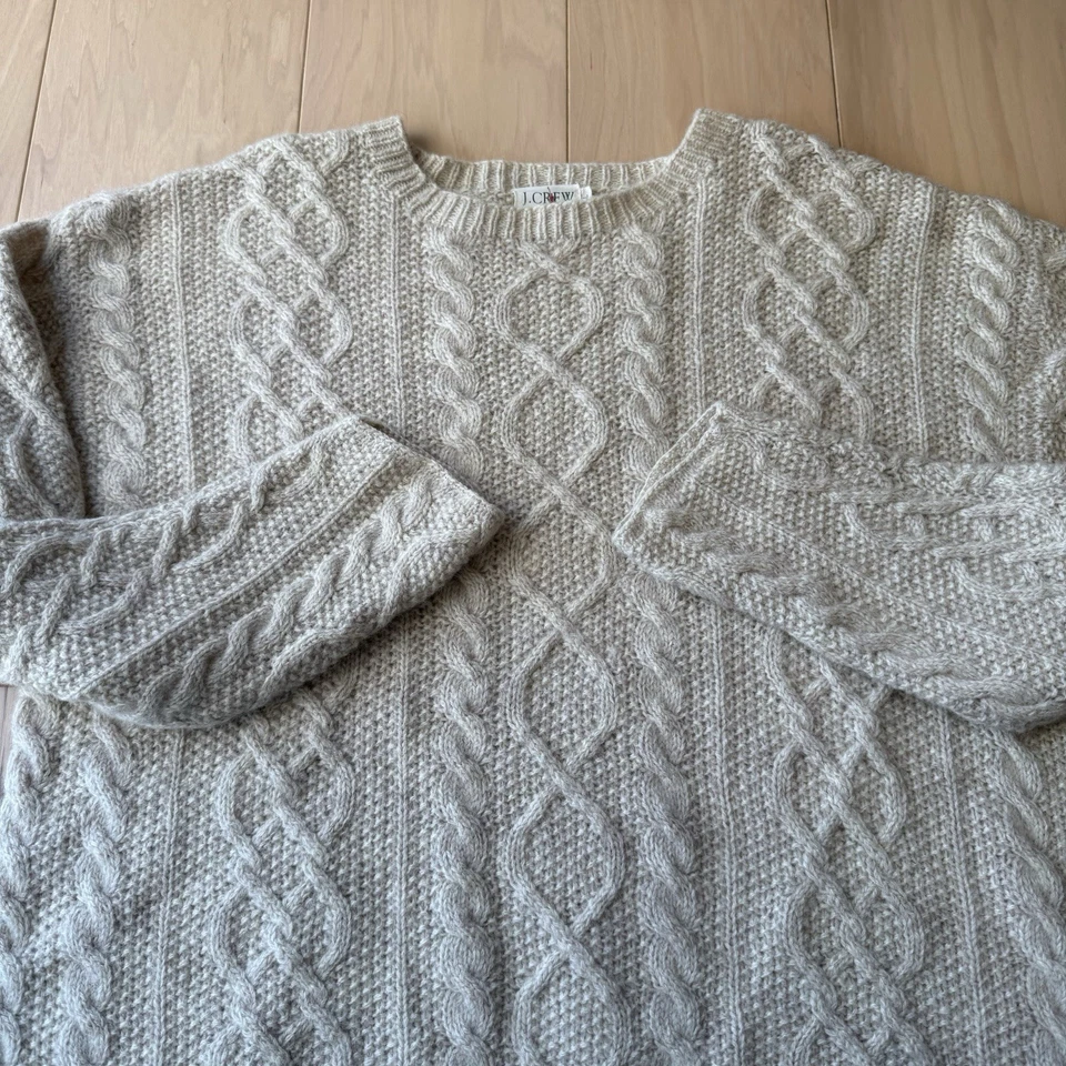 Suéter tejido con cable de lana J Crew vintage para mujer L beige pescador remero invierno Foto 4 de 4