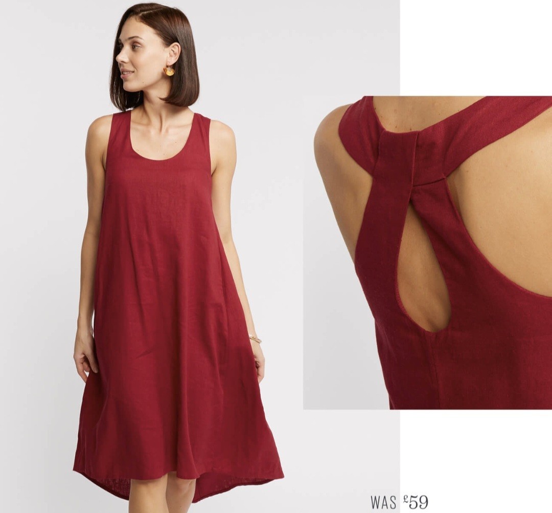 FAT FACE LOLA Burgundy LINEN BLEND DIP HEM MIDI SWING DRESS SIZE