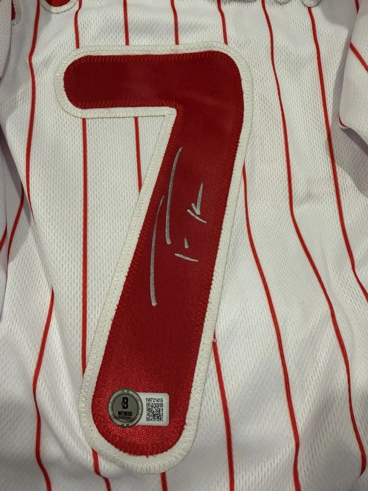Trea Turner Autographed Phillies Pinstripe Jersey BAS Witnessed Custom #7 - Image 3 of 3