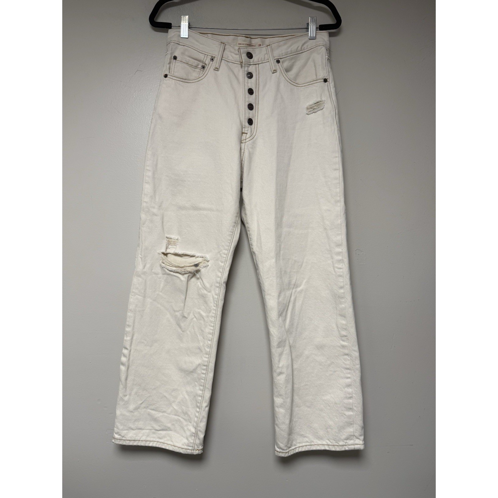 Levi Strauss Ribcage Straight Ankle Jeans Womens 28 White Distressed Button Fly