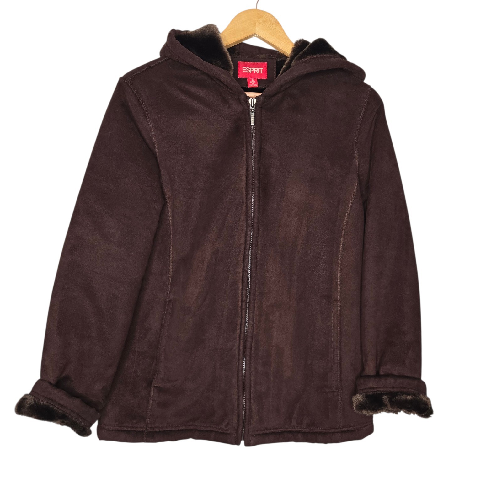 ESPRIT Women Y2K Chocolate Brown Full Zip Fur Lined Faux Suede Hooded Coat Small