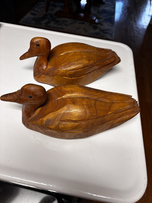 VTG. Hand Carved/ SIGNED WOODEN DUCKS. Approx. 11” L- 4-5” W