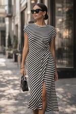 Halara Dress Sz L Asymmetrical Split Hem Stripes Waffle Midi T Shirt Dress Brown