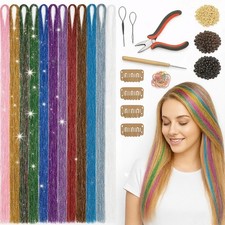 12-Color Hair Tinsel Kit with 2400 Strands and Tools for Festive Hair Extensions