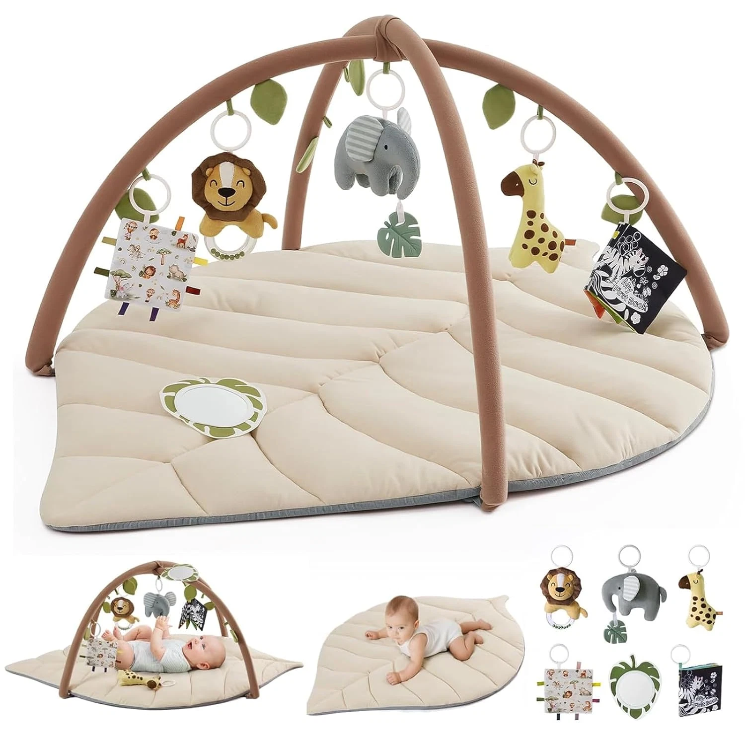 Baby Play Gym & Activity Mat, Leaf Shaped Baby Tummy Time Play Mat with 6 Detach