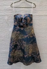 New Azazie Charlie Teal Floral A-Line Pleated Brocade Dress Size 10