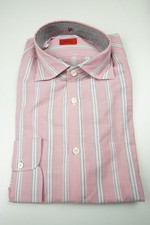 Isaia Bubblegum White Blue Striped Long Sleeve Cotton Dress Shirt 15.5/39 NEW