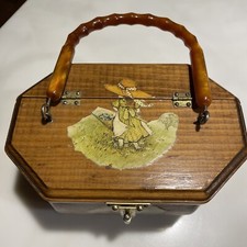 Vintage Decoupage Octagon Wooden Box Purse Lucite Type Handle Fabric Lined Used