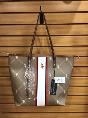 US POLO ASSN. LARGE KHAKI TOTE BAG W/ LOGO DESIGN & STRIPES - NWT