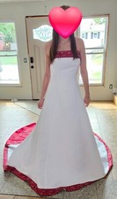 David's Bridal Wedding Dress. White gown with apple red and crystals. Size 14