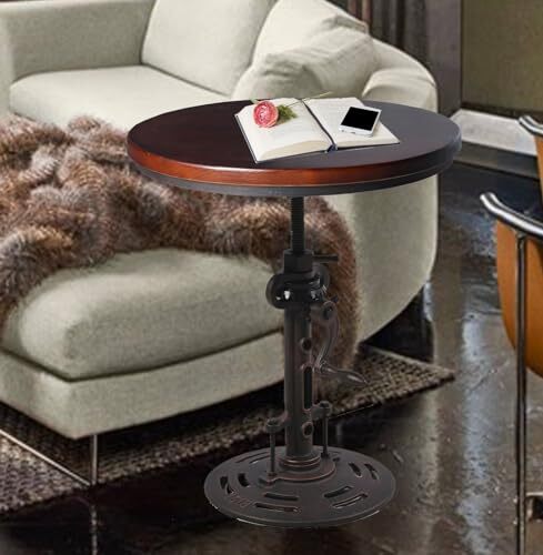 Round 19.6'' Metal Wooden Side Table Industrial Style Tea Table Hand Crank - Picture 4 of 8