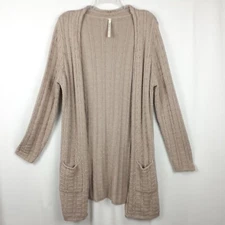 Leo & Nicole Womens Cardigan Sz L Pointelle Open Front Sweater Tan Angora Blend