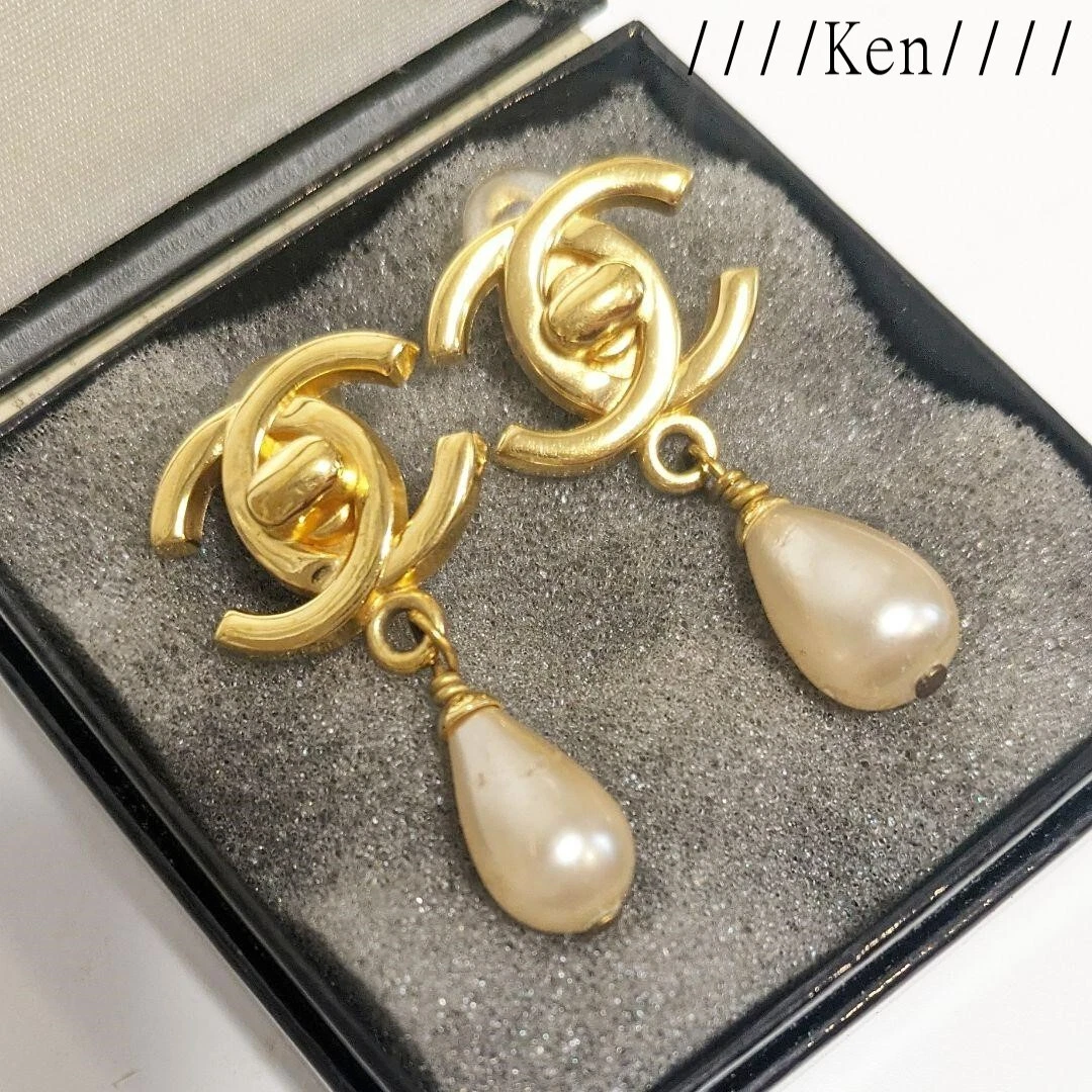 CHANEL Earrings AUTH Coco CC Logo Mark Vintage Rare Gold Logo × Fake Pearl  F/S