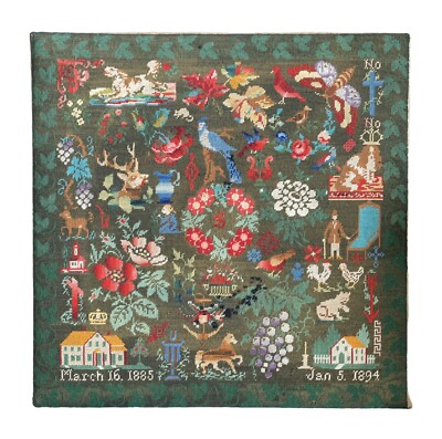 Victorian Sampler 1894 butterfly wreath foliage horse cross