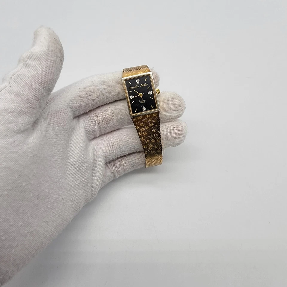 复古 Cecelia Miller 坦克手表 19 毫米女式钻石金色全新电池 * — 第 2/4 张图片