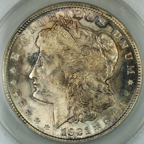 1921 Silver Morgan Dollar Coin, ANACS MS-62 INFREQ REEDED TOP 100, Toned, JT