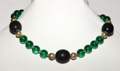 Vintage Green Translucent Lucite Gold Metal and Black Wood Beads 20'' Necklace