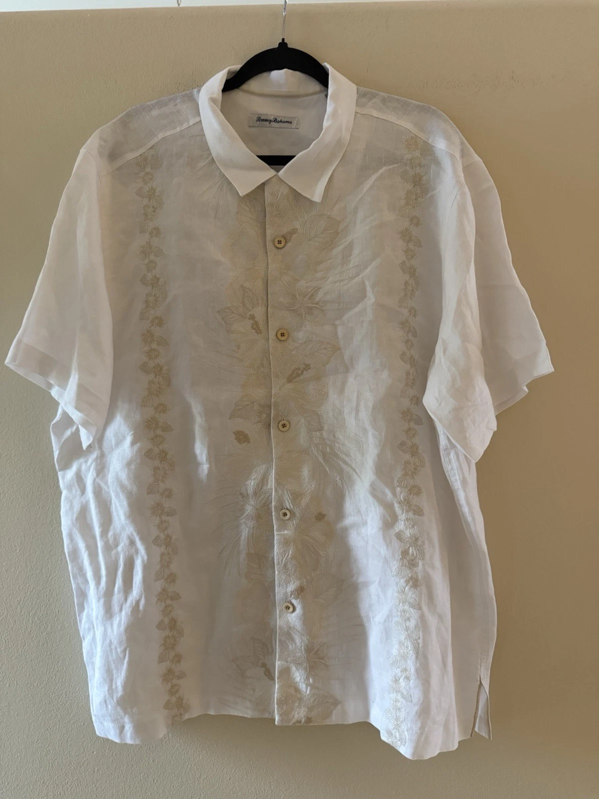 Tommy Bahama Men's Linen Short Sleeve Button-Up Cream with Beige Embroidery XL