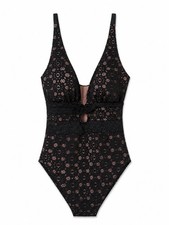 Swimsuits For All Plus 22 Black Lace One Piece Swimsuit Deep V Tie Waist