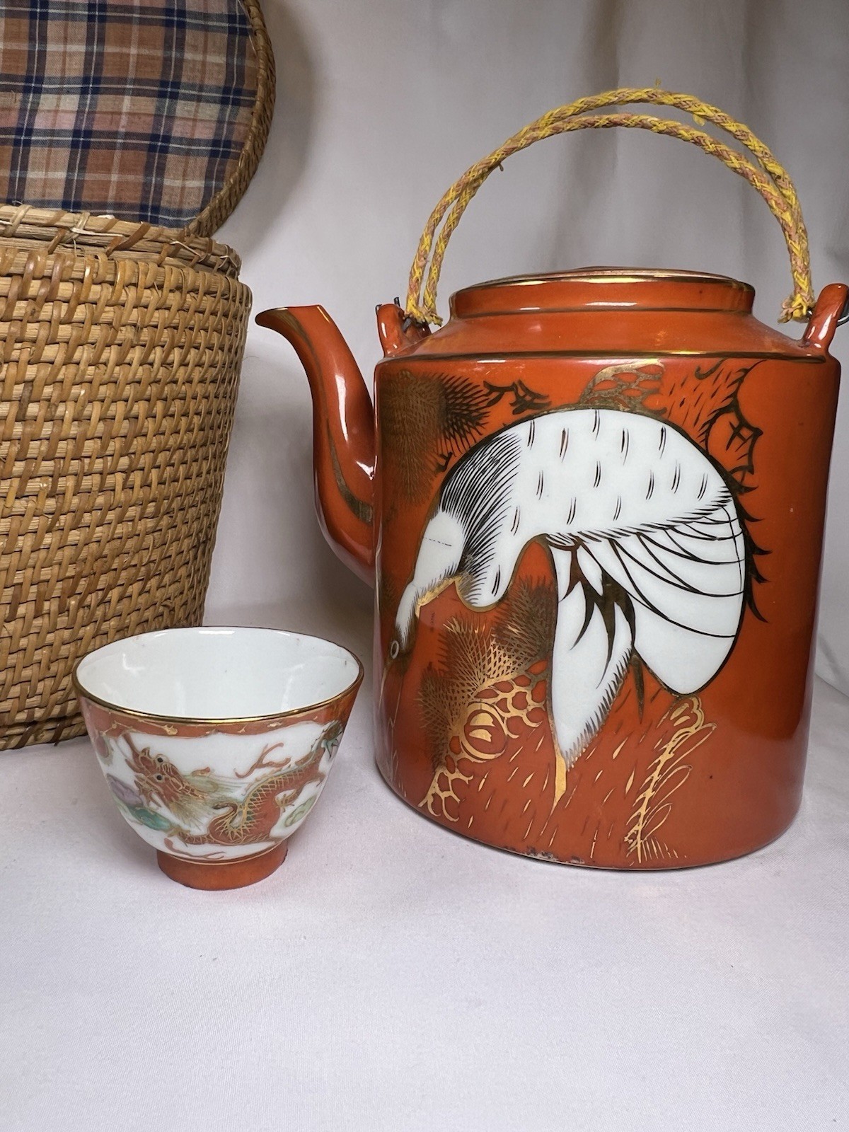 ATQ VTG Chinese Porcelain Jingdezhen Gild Crowned Crane Sand Red Glaze Tea Set