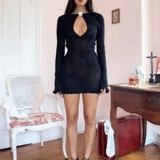 Mirror Palais Black Rose Pointelle Mini Dress Women's Size Medium NWT