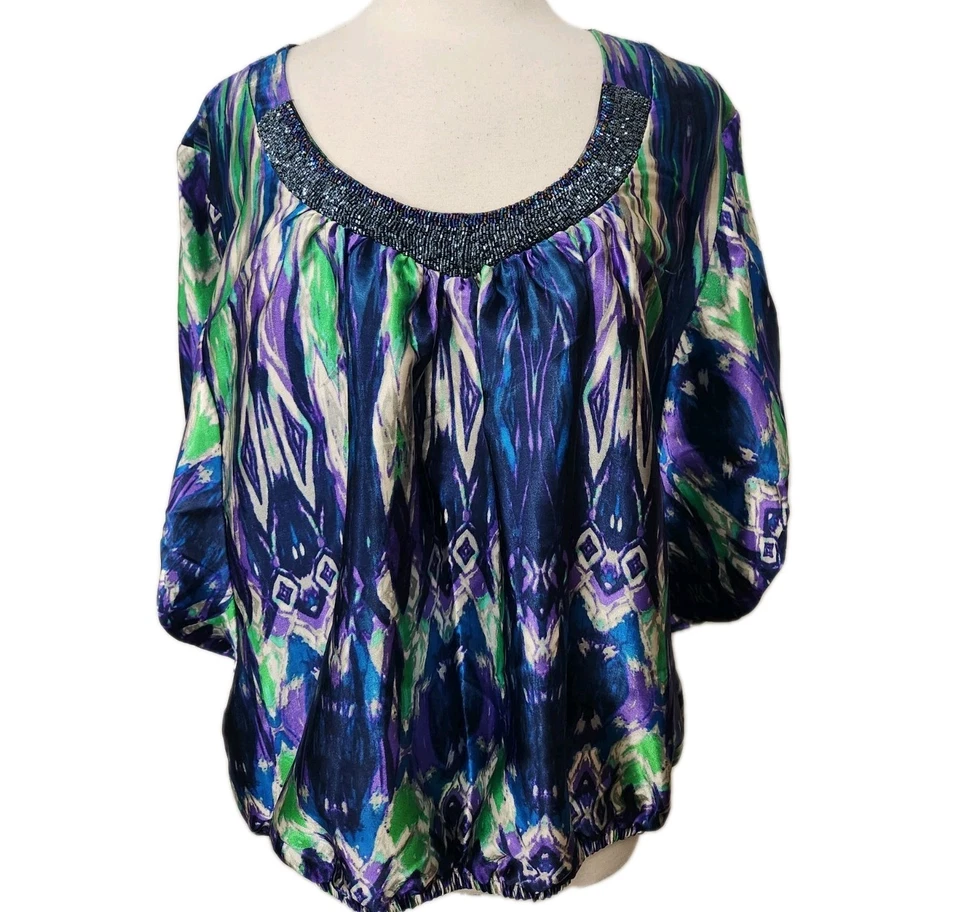 Lily White Womens Top 3X Blue Green Satiny Beaded Blouse Pullover Cinch Hem  - Image 2 of 4